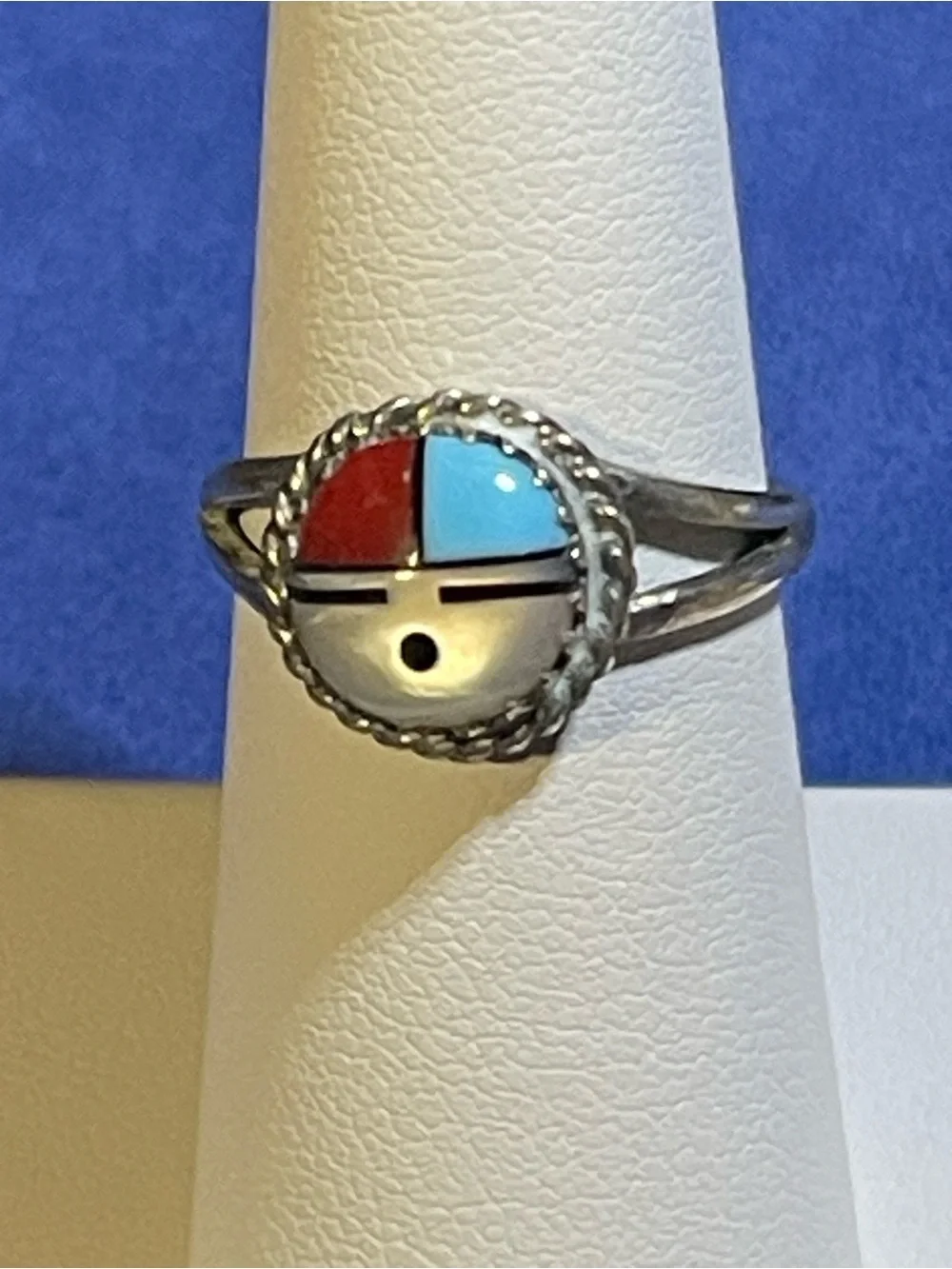 925 Native American Zuni-Style Signed “RB Sterling”Traditional SunFace Inlay Sz7